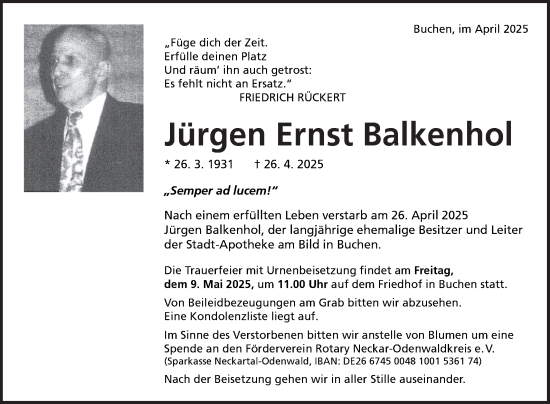 Traueranzeige von Jürgen Ernst Balkenhol von Fränkische Nachrichten
