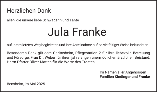 Traueranzeige von Jula Franke von Bergsträßer Anzeiger