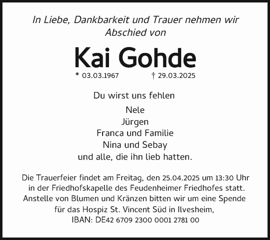 Traueranzeige von Kai Gohde von Mannheimer Morgen