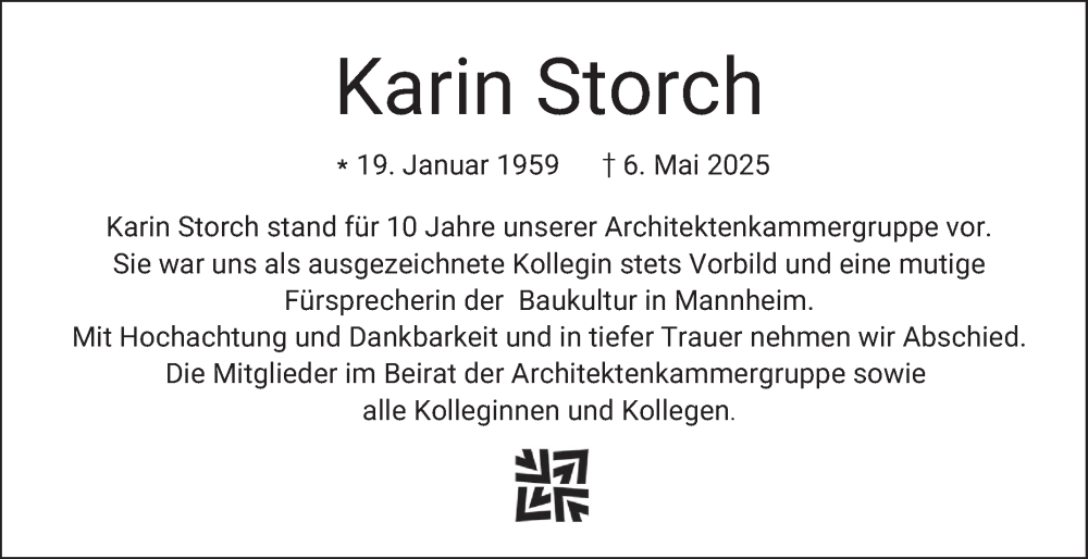  Traueranzeige für Karin Storch vom 31.05.2025 aus Mannheimer Morgen