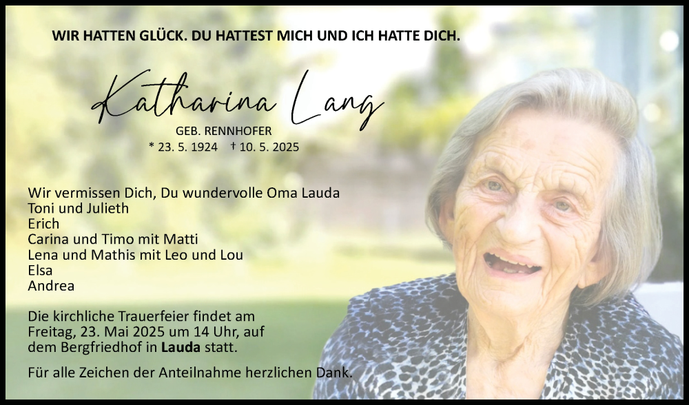  Traueranzeige für Katharina Lang vom 17.05.2025 aus Fränkische Nachrichten