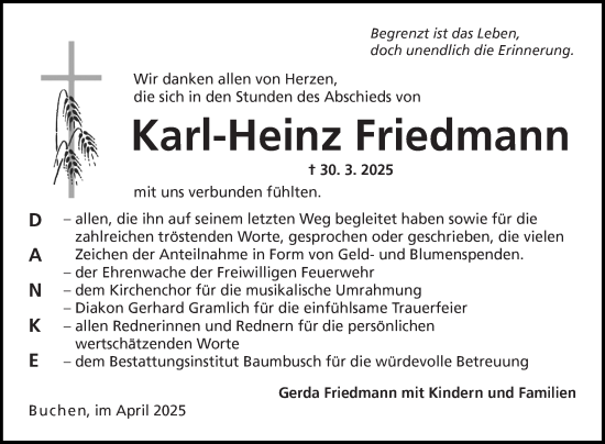 Traueranzeige von Karl-Heinz Friedmann von Fränkische Nachrichten