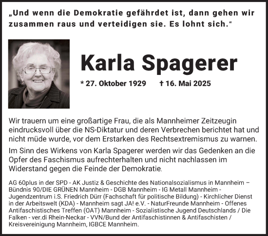 Traueranzeige von Karla Spagerer von Mannheimer Morgen