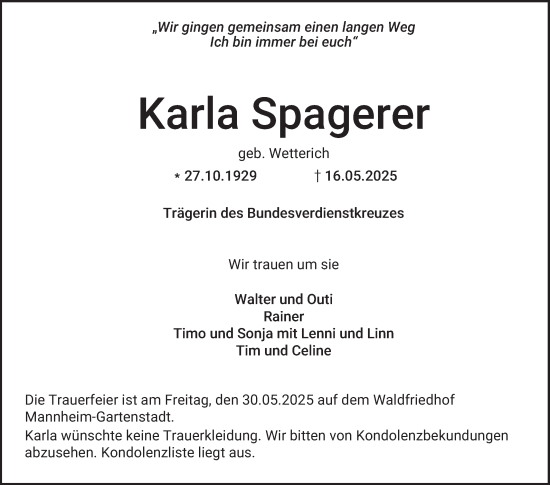 Traueranzeige von Karla Spagerer von Mannheimer Morgen