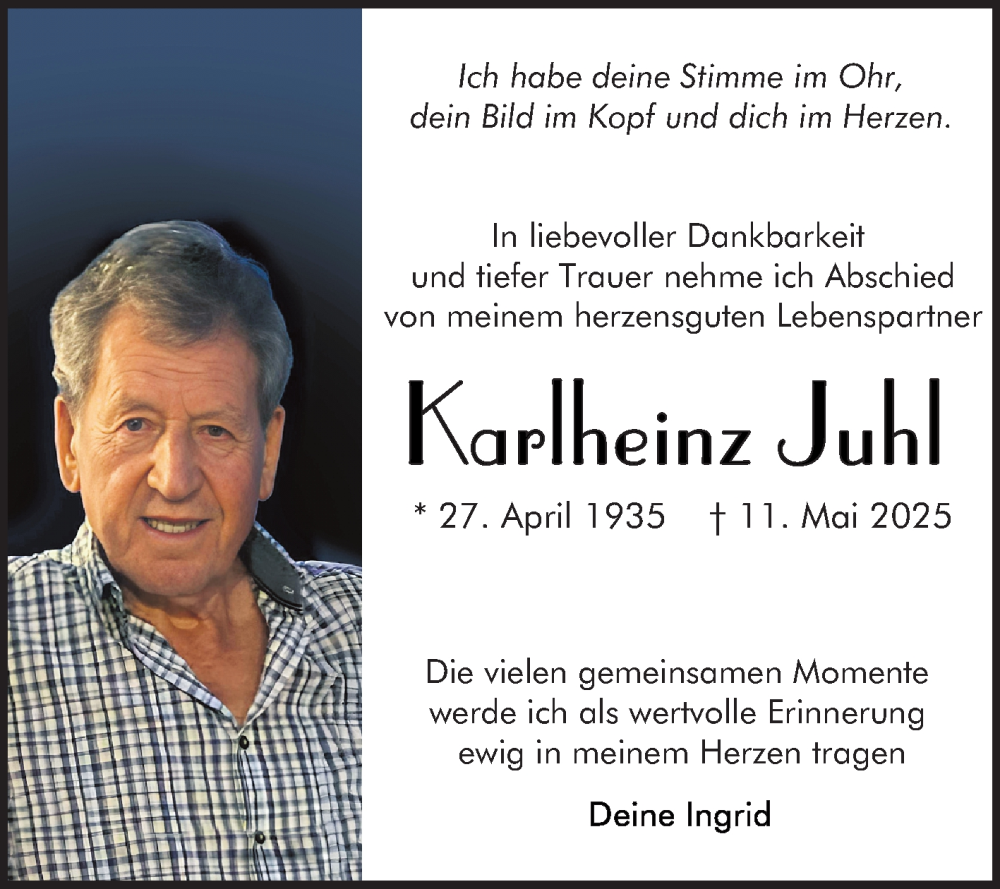  Traueranzeige für Karlheinz Juhl vom 24.05.2025 aus Mannheimer Morgen