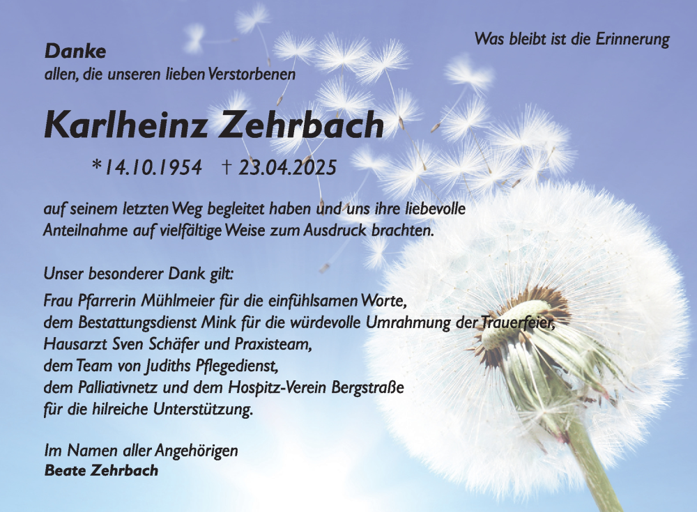  Traueranzeige für Karlheinz Zehrbach vom 17.05.2025 aus Bergsträßer Anzeiger