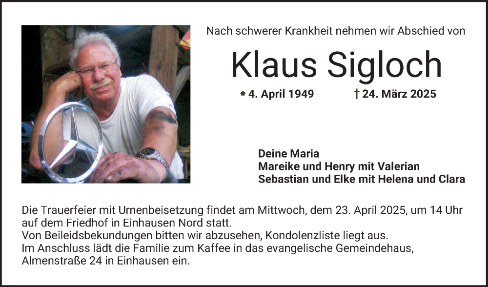  Traueranzeige für Klaus Sigloch vom 19.04.2025 aus Bergsträßer Anzeiger