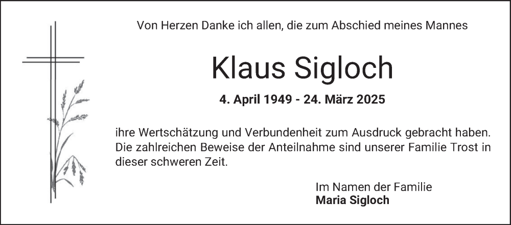  Traueranzeige für Klaus Sigloch vom 03.05.2025 aus Bergsträßer Anzeiger