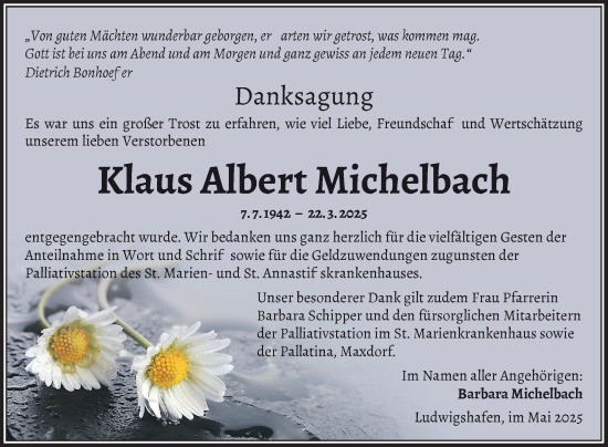 Traueranzeige von Klaus Albert Michelbach von Mannheimer Morgen