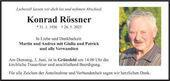 Traueranzeige von Konrad Rössner von Fränkische Nachrichten