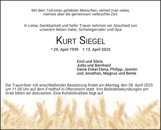 Traueranzeige von Kurt Siegel von Schwetzinger Zeitung