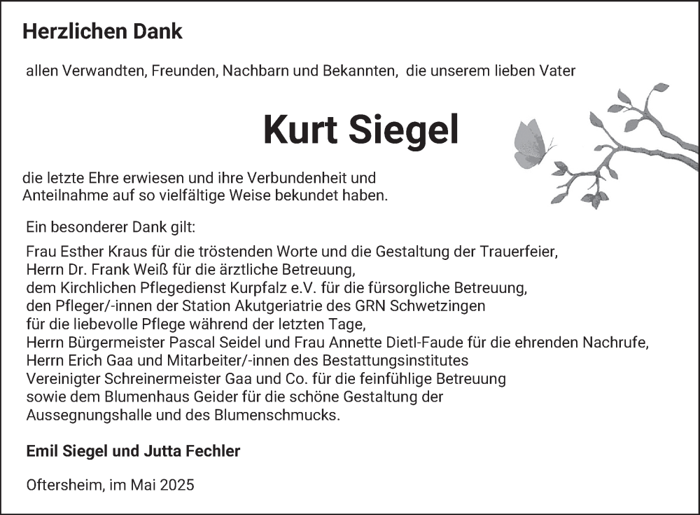  Traueranzeige für Kurt Siegel vom 24.05.2025 aus Schwetzinger Zeitung