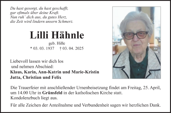 Traueranzeige von Lilli Hähnle von Fränkische Nachrichten