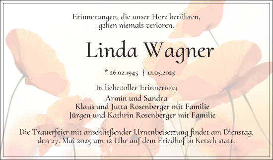 Traueranzeige von Linda Wagner von Schwetzinger Zeitung