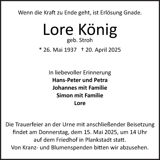 Traueranzeige von Lore König von Mannheimer Morgen
