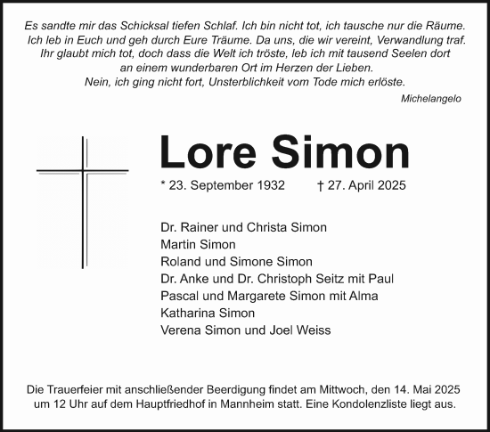 Traueranzeige von Lore Simon von Mannheimer Morgen