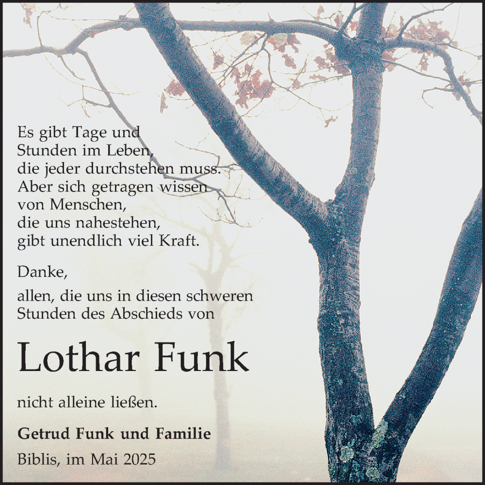  Traueranzeige für Lothar Funk vom 31.05.2025 aus Mannheimer Morgen