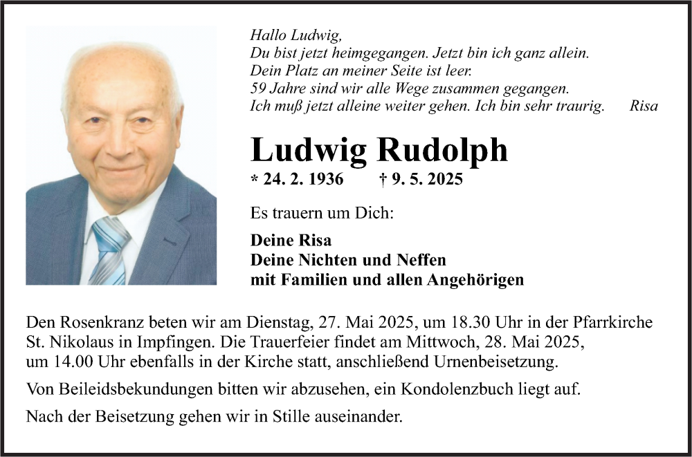  Traueranzeige für Ludwig Rudolph vom 17.05.2025 aus Fränkische Nachrichten