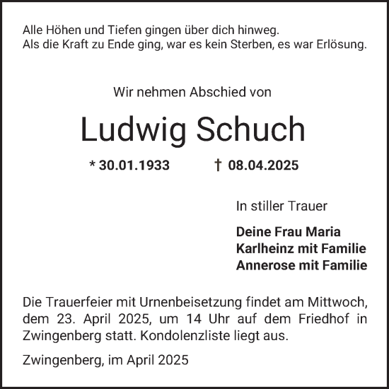 Traueranzeige von Ludwig Schuch von Bergsträßer Anzeiger