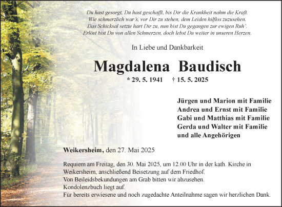 Traueranzeige von Magdalena Baudisch von Fränkische Nachrichten