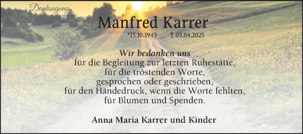  Traueranzeige für Manfred Karrer vom 17.05.2025 aus Schwetzinger Zeitung