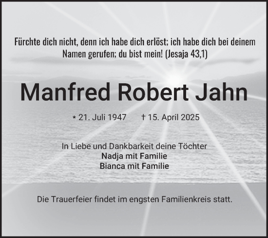 Traueranzeige von Manfred Robert Jahn von Fränkische Nachrichten
