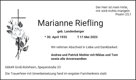 Traueranzeige von Marianne Riefling von Bergsträßer Anzeiger