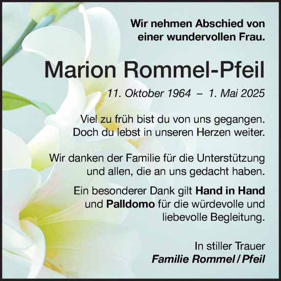 Traueranzeige von Marion Rommel-Pfeil von Fränkische Nachrichten