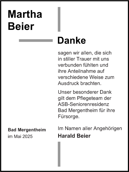 Traueranzeige von Martha Beier von Fränkische Nachrichten