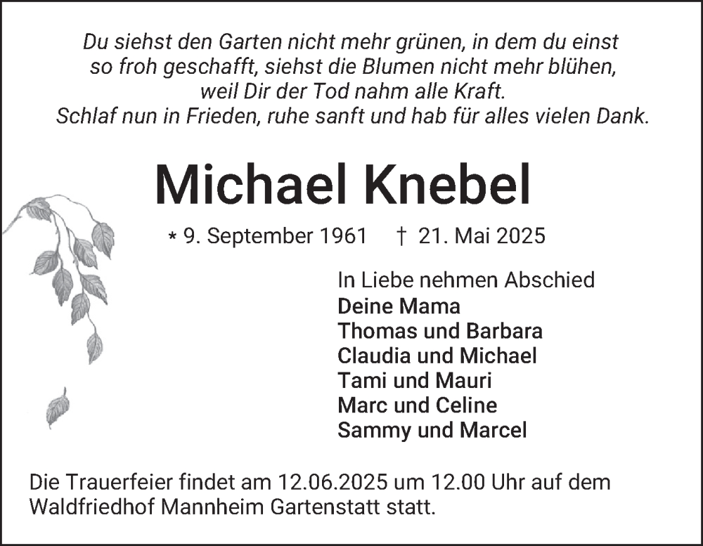  Traueranzeige für Michael Knebel vom 31.05.2025 aus Mannheimer Morgen