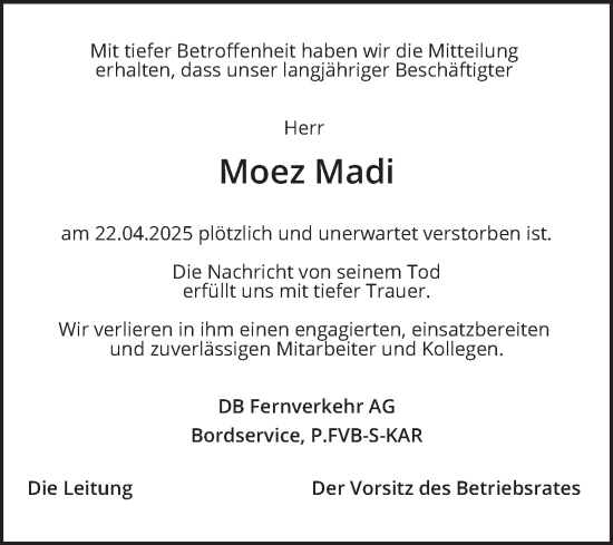 Traueranzeige von Moez Madi von Mannheimer Morgen