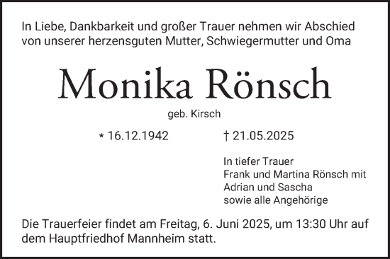 Traueranzeige von Monika Rönsch von Mannheimer Morgen