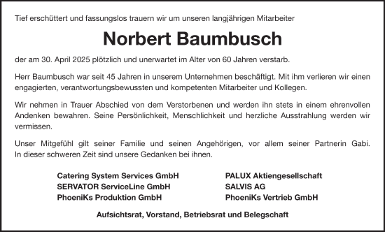Traueranzeige von Norbert Baumbusch von Fränkische Nachrichten