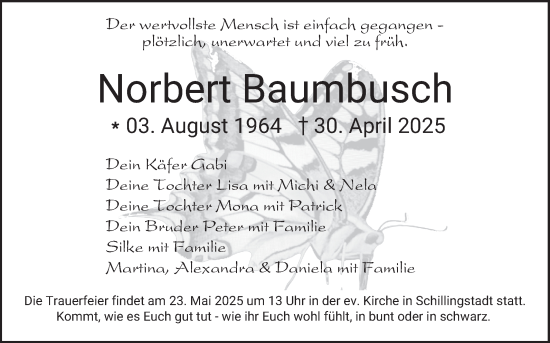 Traueranzeige von Norbert Baumbusch von Fränkische Nachrichten