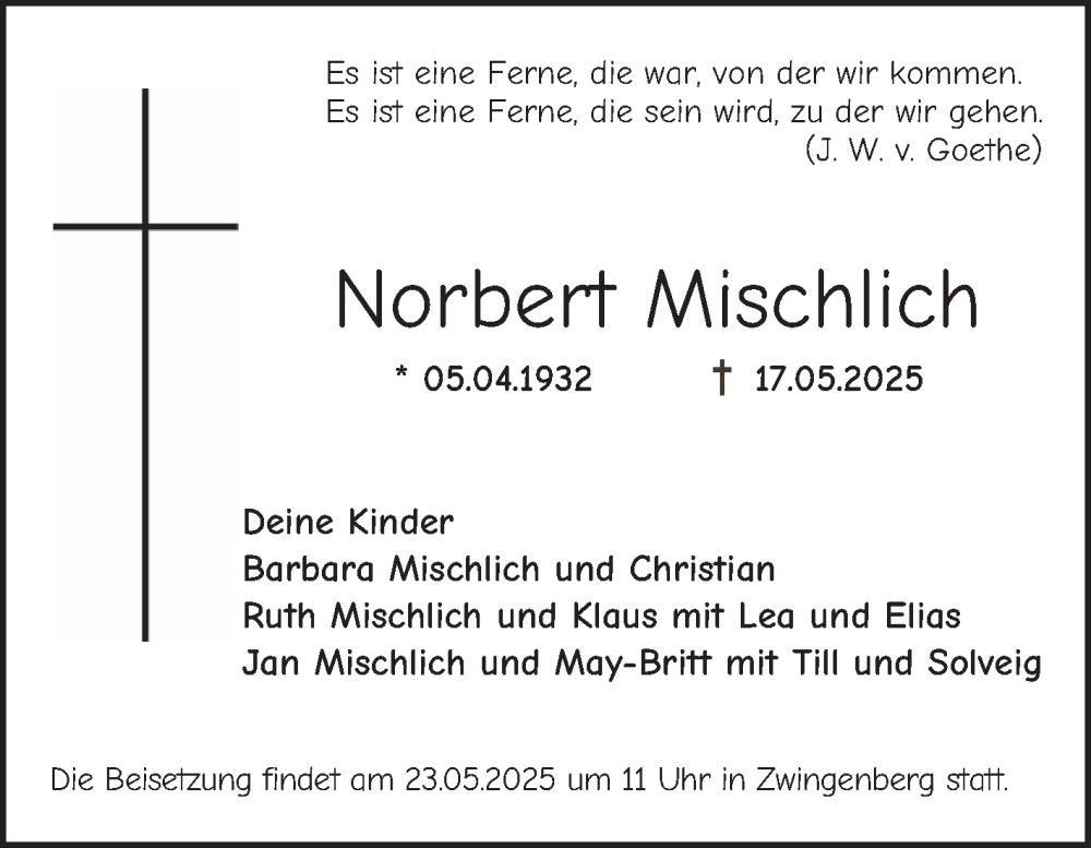  Traueranzeige für Norbert Mischlich vom 21.05.2025 aus Bergsträßer Anzeiger