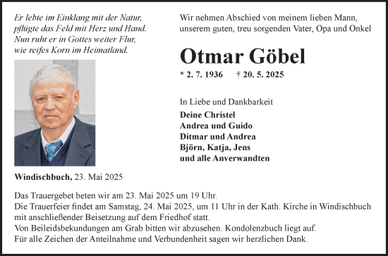 Traueranzeige von Otmar Göbel von Fränkische Nachrichten