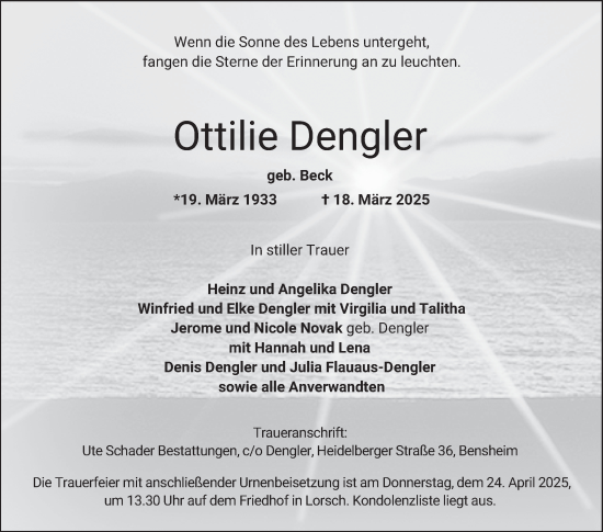 Traueranzeige von Ottilie Dengler von Bergsträßer Anzeiger