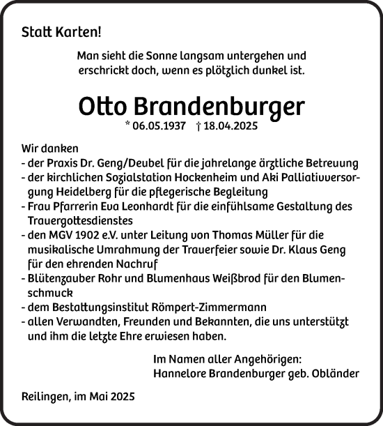 Traueranzeige von Otto Brandenburger von Schwetzinger Zeitung