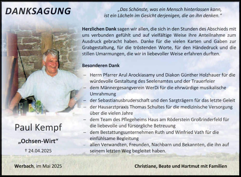  Traueranzeige für Paul Kempf vom 10.05.2025 aus Fränkische Nachrichten