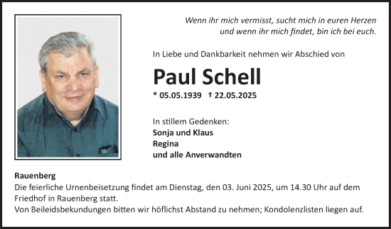 Traueranzeige von Paul Schell von Fränkische Nachrichten