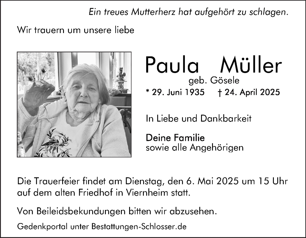  Traueranzeige für Paula Müller vom 03.05.2025 aus Mannheimer Morgen