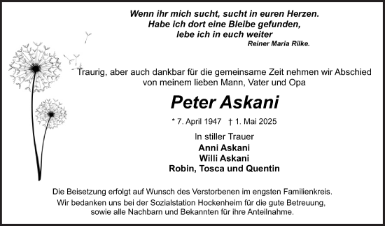Traueranzeige von Peter Askani von Schwetzinger Zeitung