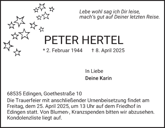 Traueranzeige von Peter Hertel von Mannheimer Morgen