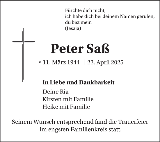 Traueranzeige von Peter Saß von Schwetzinger Zeitung