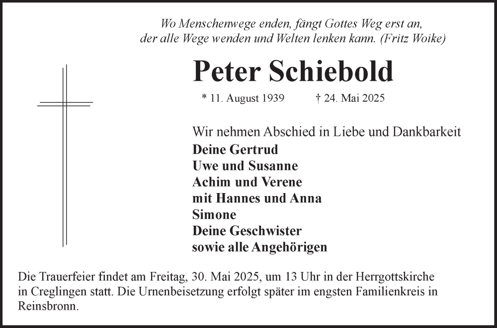  Traueranzeige für Peter Schiebold vom 28.05.2025 aus Fränkische Nachrichten