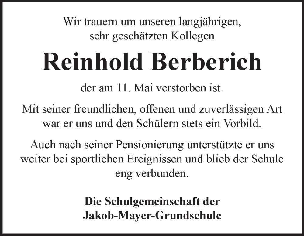  Traueranzeige für Reinhold Berberich vom 22.05.2025 aus Fränkische Nachrichten