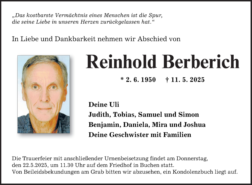  Traueranzeige für Reinhold Berberich vom 17.05.2025 aus Fränkische Nachrichten
