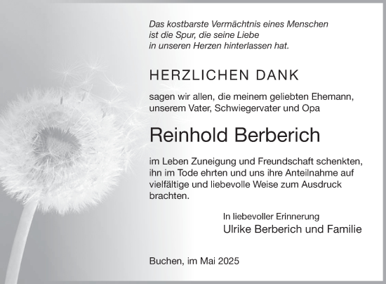 Traueranzeige von Reinhold Berberich von Fränkische Nachrichten