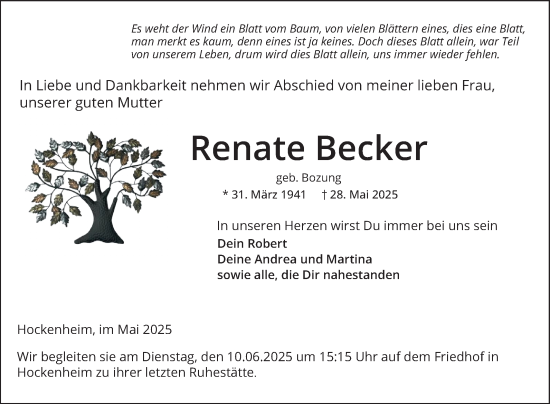 Traueranzeige von Renate Becker von Schwetzinger Zeitung