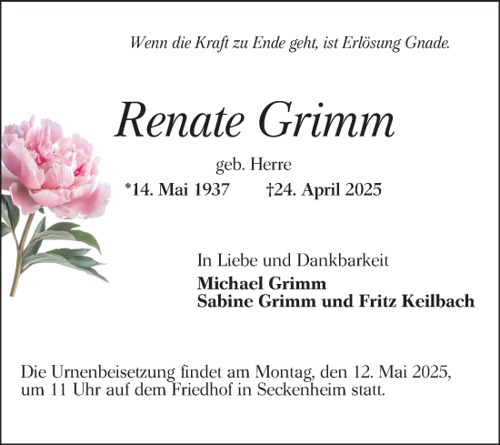 Traueranzeige von Renate Grimm von Mannheimer Morgen